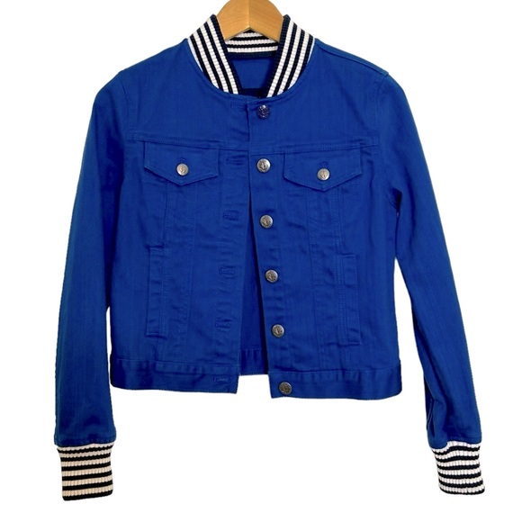 Sperry Topsider Women’s Jacket Royal Blue Jean Jacket Striped Knit Cuffs Size XS - Picture 1 of 12